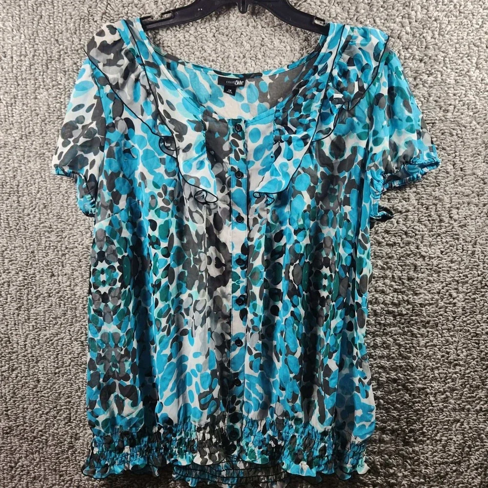 East 5th Blouse Blue Grey Abstract Ruffle Smocked Hem Women 1X